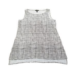 Eileen Fisher Textured Crepe Grid Long Shell Women's XS Bateau-Neck Black White